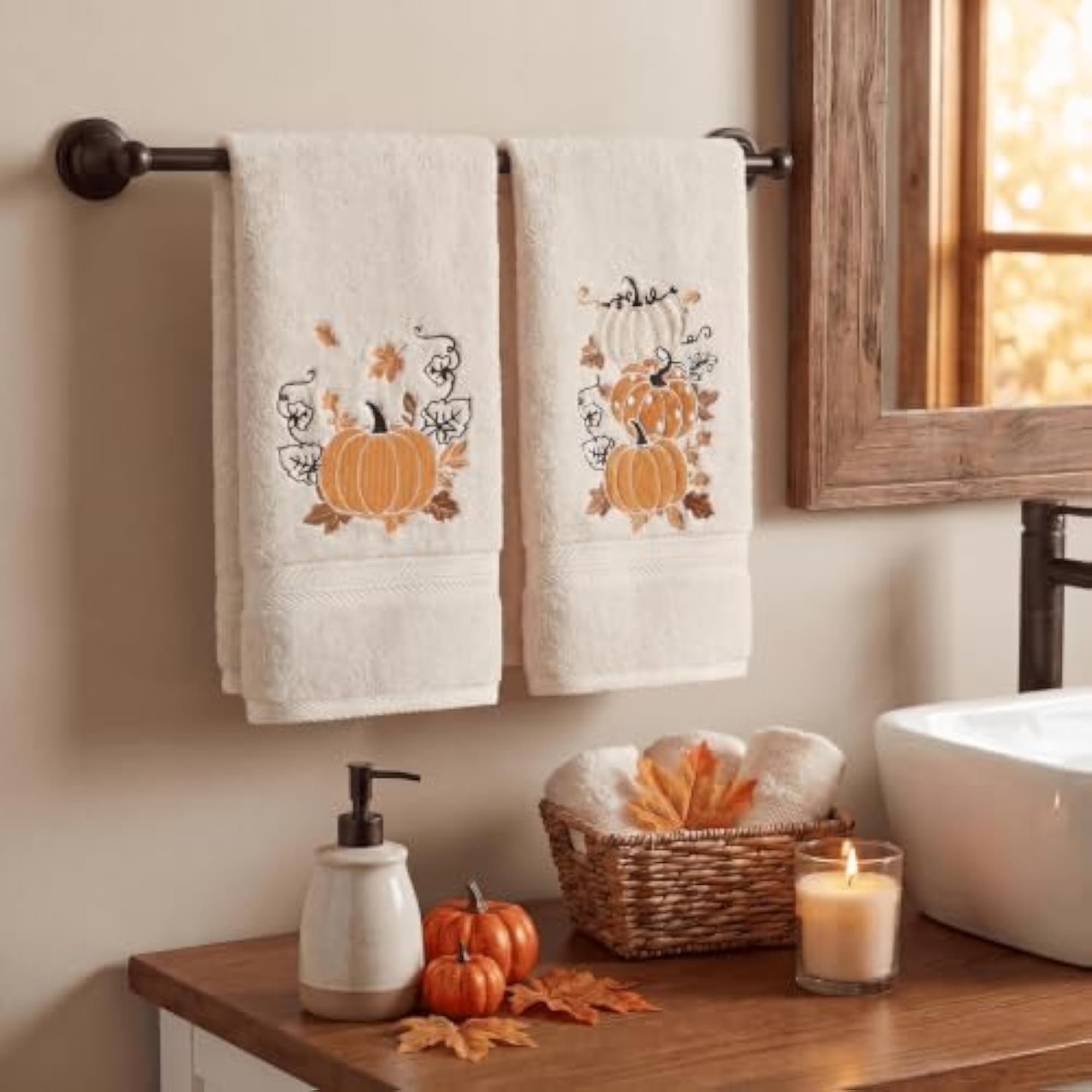 2 Pcs Orange Maple Leaves Pumpkin Fall Hand Towels
